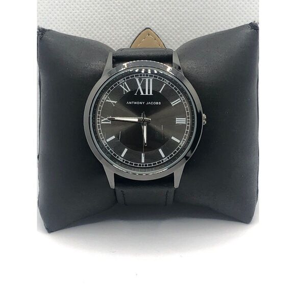 Anthony Jacobs Unisex Black Leather Analog Black Dial Quartz Genuine Watch OP17 - Picture 1 of 9